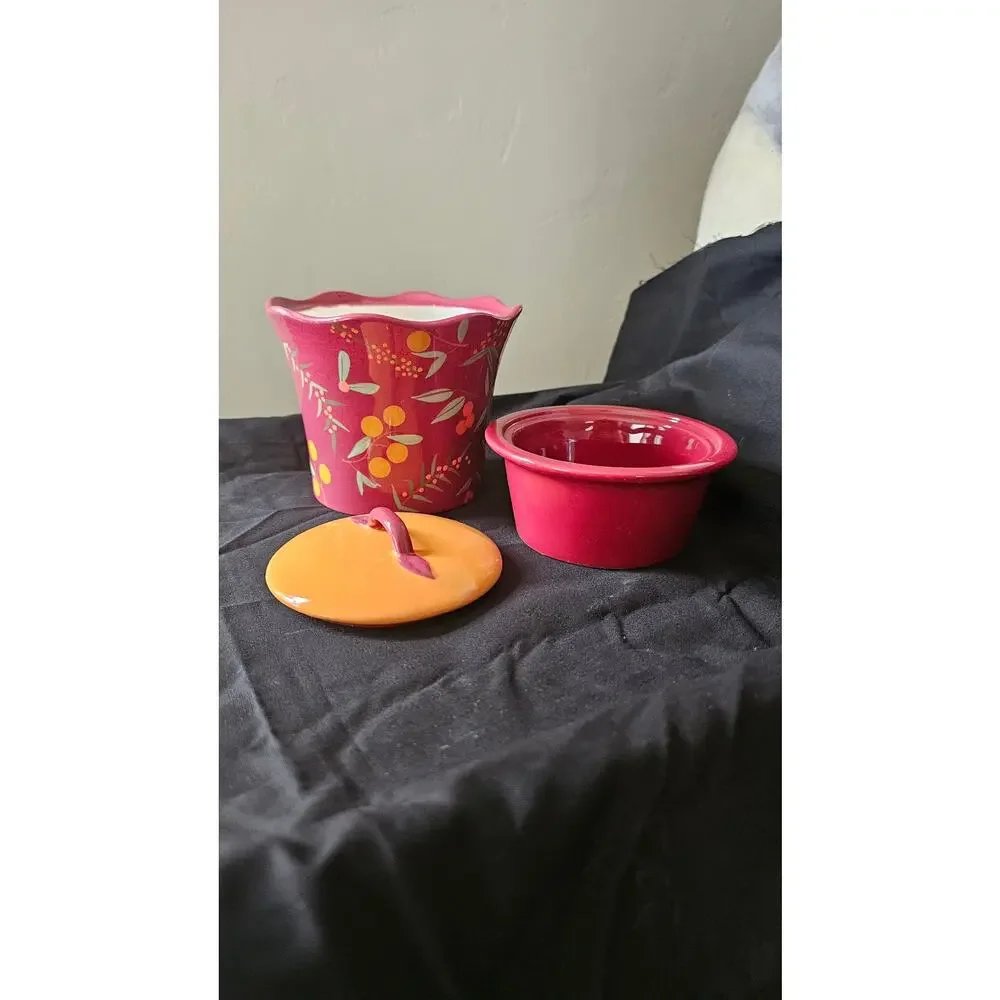 Vintage Swiss Colony Dk Red Floral Ceramic Butter Crock Keeper Jar 3 Pc Set